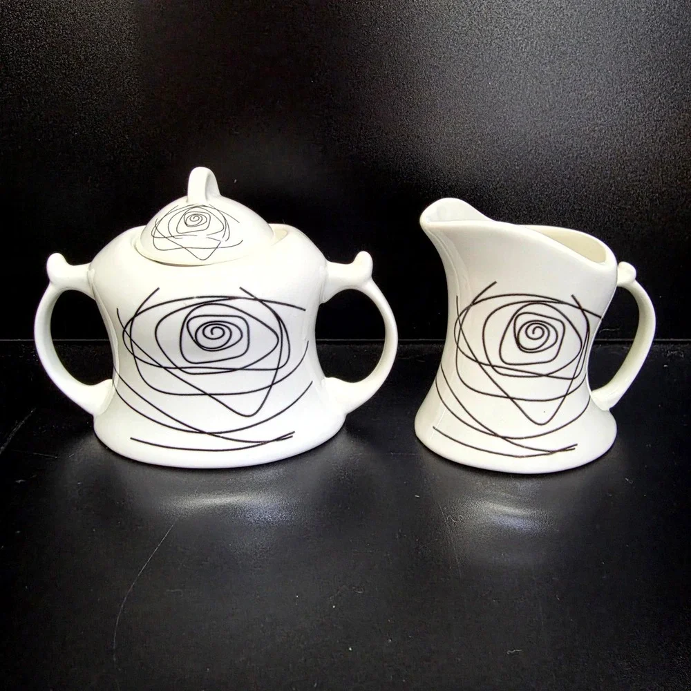 Modern Ceramic Sugar Bowl & Creamer Set White Black Rose Swirl Spiral Art Deco
